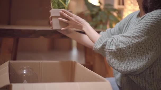 Las mujeres se mueven en alquiler de bienes raíces. Positivo mirando a la reubicación o desembalaje paquete de cartón. Disfrutar de la vida o el sueño nuevo hogar. — Vídeos de Stock