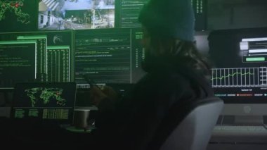 Suçlu kadın Hacker hükümet ve büyük şirket sunucularına büyük çaplı bir veri sızıntısı düzenlemek için bilgisayar kullanıyor. Karanlık odada bilgisayarla çevrili bir kadın.