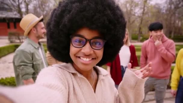 Young afro hair African American woman with group of cheerful friends taking selfie portrait. Happy people looking at the camera smiling. Concept of community, youth lifestyle and friendship — Vídeo de stock