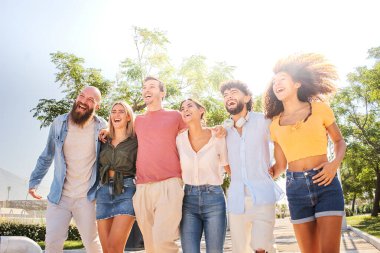 Happy group of smiling friends enjoying the summer holidays together and having fun together outdoors