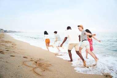 happy young friends group have fun and celebrate while jumping and running on the beach at the sunset. High quality photo