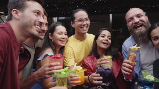 Friends Toasting Saying Cheers Holding Tropical Blended Fruit Margaritas Watermelon — Stock Video