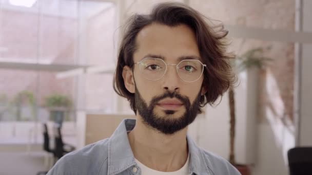 Portrait Serious Young Businessman Standing Corporate Office Looking Camera High — Video