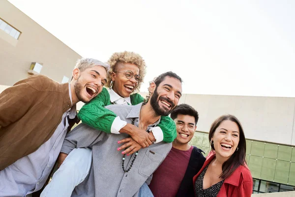 Group Friends Hangout City Street Embrace Each Other Laughing One — Foto Stock