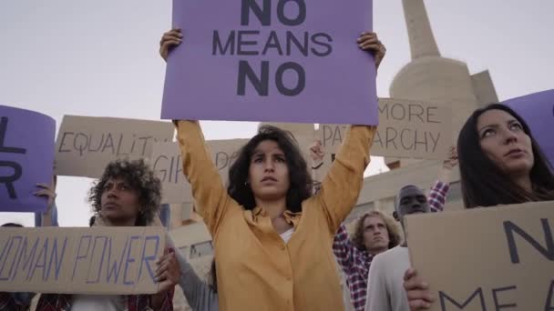 Female Activist Demonstrating Holding Banners March Domestic Violence Feminist Women — Stockvideo