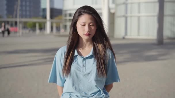 Serious Asian Student Chinese Girl Looking Camera Outdoors Campus University — Video Stock