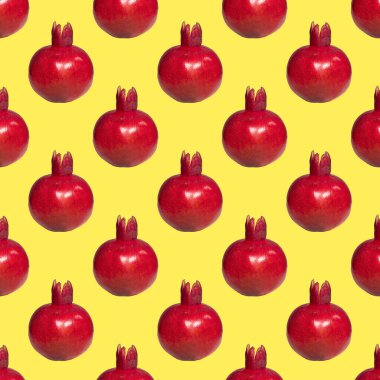 Sarı zemin üzerinde pürüzsüz nar deseni, Yaratıcı Gıda Konsepti, Düztaban, Egzotik Meyve Arkaplanı,