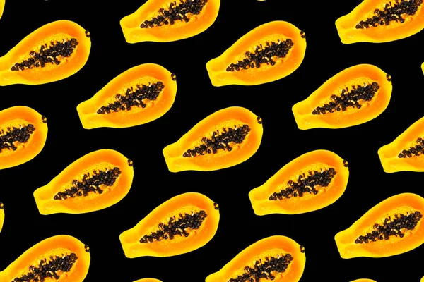 Papaya Fruit Nahtloses Muster Auf Schwarzem Hintergrund Flache Lage Draufsicht — Stockfoto