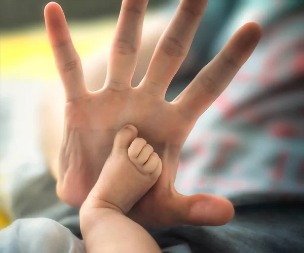 The hand of a man gives five to a small child\'s leg. selective focus