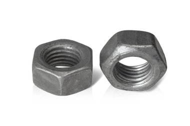 Two old steel nuts on a white isolated background