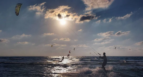 Kitesurfing Kiteboarding Vagy Kiting Lágy Fókusz — Stock Fotó