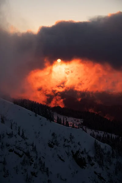 Elvarázsol fényes naplemente ég és téli hegyvidéki táj hó borította fenyőfák — Stock Fotó
