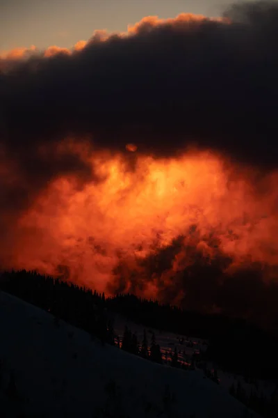 Csodálatos fényes naplemente ég és téli hegyvidéki táj hó borította fenyőfák — Stock Fotó