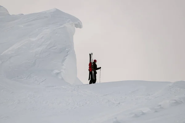 Widok z tyłu turysty z kijkami trekkingowymi oraz plecakiem i nartami na wierzchołku śnieżnej góry — Zdjęcie stockowe