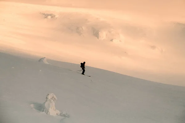 Vista laterale di uno sciatore che scivola lungo il pendio sullo sfondo della neve — Foto Stock