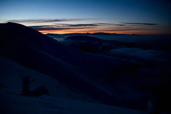 Picturesque evening view of sky and mountain hills covered with snow and fir trees. — 图库照片