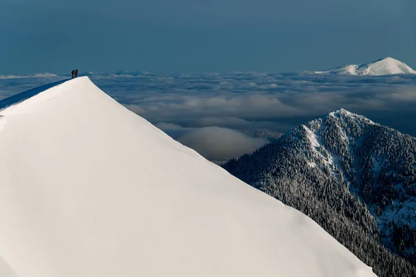 Great view of winter landscape and top of mountain slope with skier on it — Fotografia de Stock