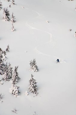 Dağ yamacının tepesinden kayan kayakçının manzarası. Serbest kayak konsepti