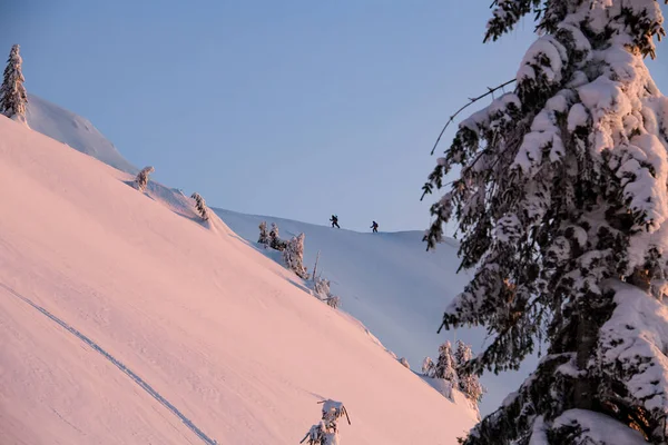Wspaniały widok na ośnieżone pasma górskie i narciarzy freeriders chodzić wzdłuż nich — Zdjęcie stockowe