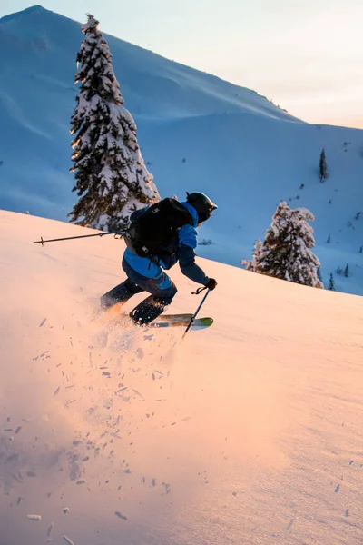 Visão traseira de freerider deslizando para baixo encostas cobertas de neve na neve em pó fresco — Fotografia de Stock