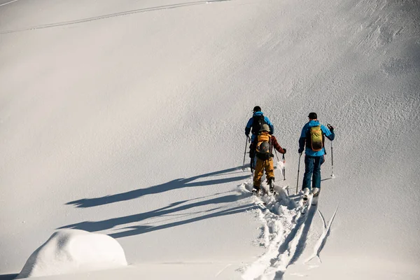 Вид сверху на группу лыжников, идущих по глубокому белому порошковому снегу — стоковое фото