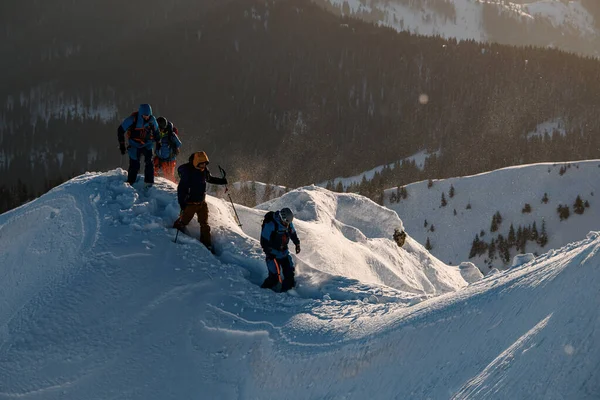 Gruppo di sciatori in tute da sci luminose camminano sul sentiero di montagna innevato — Foto Stock