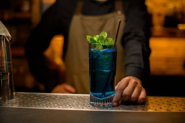 Çelik kaplı mavi soğuk içeceğin ön camı. Saman ve yeşil nane yapraklarını tezgahın üzerinde içiyorlar..