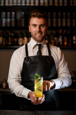 Erkek barmen elinde taze naneyle süslenmiş salatalık dilimleriyle bir bardak kokteyl tutuyor.
