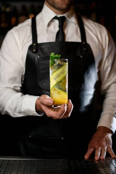 Bicchiere di cocktail con fette di cetriolo decorato con menta fresca in mano maschile — Foto Stock