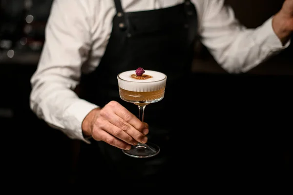 Mão do barman masculino mantém suavemente vidro transparente com coquetel alcoólico — Fotografia de Stock