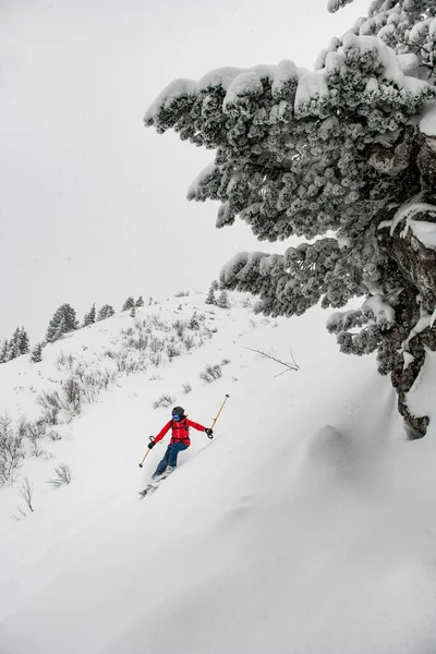 Piękne zbocze górskie pokryte śniegiem i aktywny narciarz szybko schodzący — Zdjęcie stockowe