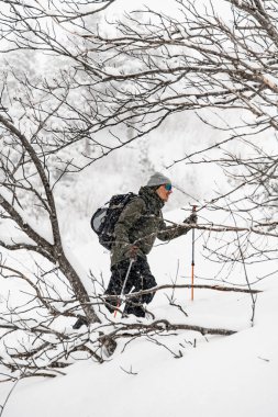 Erkek turistin ağaçlar ve karlar arasında duruşu. Kayak turu konsepti