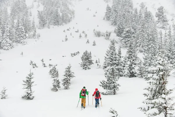 两名身穿深色西服、身穿滑雪服的男子滑雪者正沿着冬季雪道散步 — 图库照片
