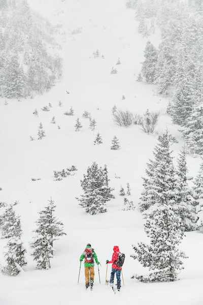 Dwóch narciarzy w jasnych garniturach ze sprzętem narciarskim spaceruje zimowym szlakiem śnieżnym — Zdjęcie stockowe