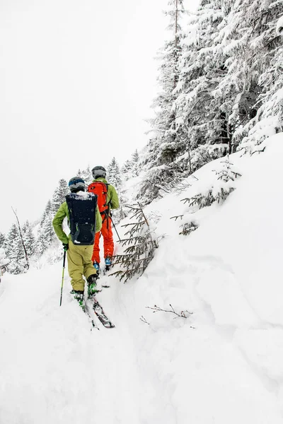 Vue arrière des skieurs avec sacs à dos marchant sur un sentier de montagne enneigé — Photo