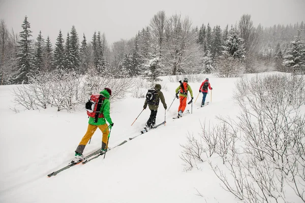 Grupa podróżników, męscy turyści narciarze z plecakami wędrujący na nartach w głębokim śniegu — Zdjęcie stockowe
