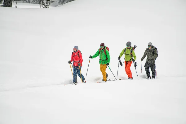 Group of male skier tourists with backpacks hiking on skis in deep snow on cold winter day — ストック写真