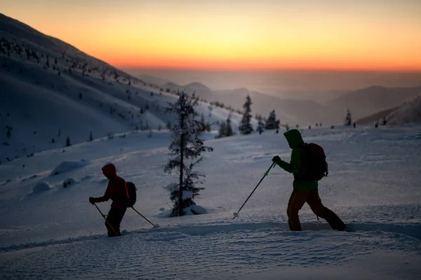 Widok z boku dwie osoby w kombinezonie narciarskim z kijkami narciarskimi na głębokim pudrowym śniegu — Zdjęcie stockowe