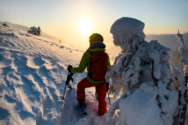 Bakre foto av man skidåkare i ljus skiddräkt med ryggsäck står och tittar åt sidan — Stockfoto