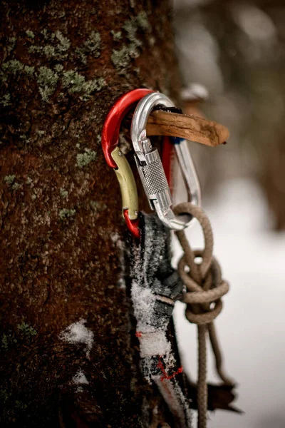 Close up photo of climbing equipment for a mountain trip or rescue — Fotografia de Stock