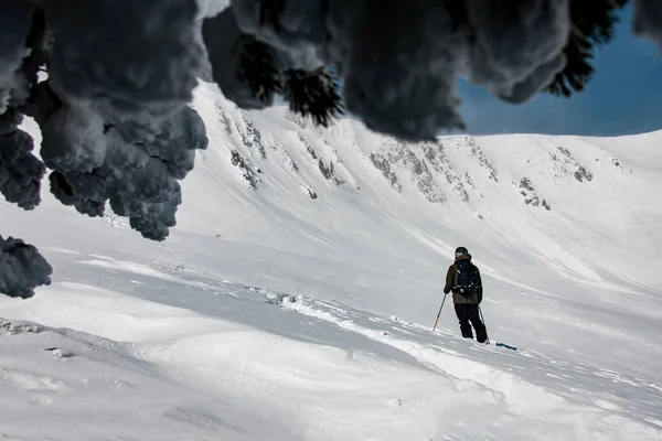 Strzał z tyłu męskiego narciarza w kombinezonie narciarskim i kasku z plecakiem stojącym z kijami w rękach i patrzącym na zaśnieżone góry. — Zdjęcie stockowe