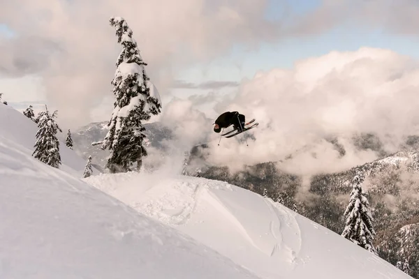 Skidfriåkare hoppar från snötäckta bergssluttning på bakgrund av träd och molnig himmel — Stockfoto