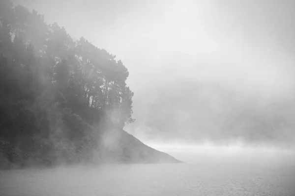Foggy morning among the hills with trees and a haze of water evaporation — Foto de Stock