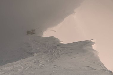 Bir grup turistin karlı dağ sıralarında yürüdüğünü görüyoruz. Kayak turu konsepti. Ayrılma tahtası kavramı