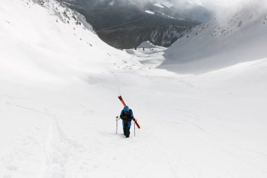Parlak ceketli kayakçı sıçrayan ekipmanlarıyla tepeye tırmanıyor. Güzel kış tozu karlı dağlarda.