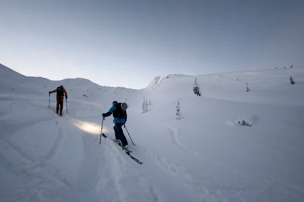 滑雪在高山上游览 爬到山顶上 雪和冬天的活动 在山上打滚 — 图库照片