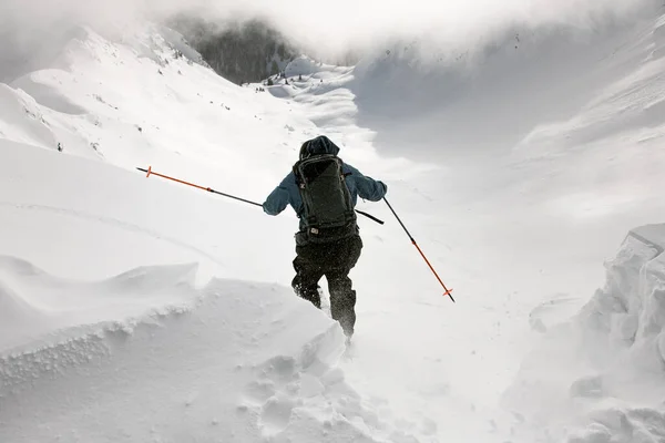 Close Rear View Skier Backpack His Back Descending Mountain Powdery — Stock Photo, Image