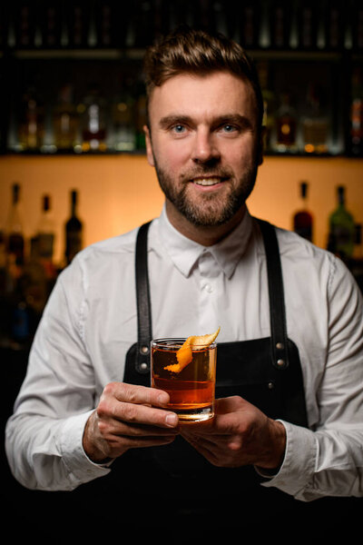Attractive Male Bartender Holds His Hands Transparent Glass Alcoholic Cocktail Royalty Free Stock Photos