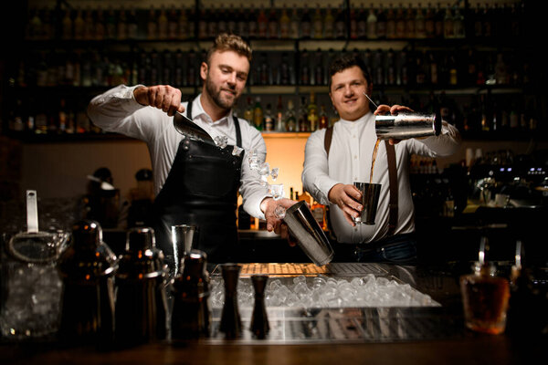 View Bar Counter Bar Accessories Which Two Professional Male Bartenders Royalty Free Stock Images