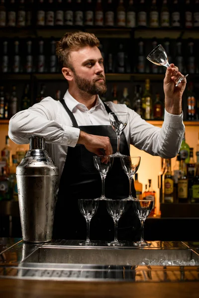 Schöner Mann Barkeeper Hält Glas Der Hand Und Großen Shaker — Stockfoto